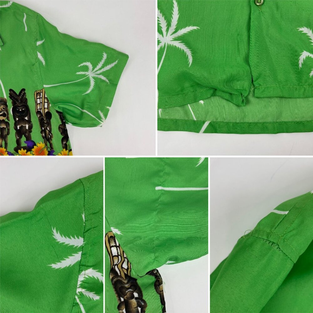 OnShore Hawaiian Shirt Mens Size Medium Green Tiki Statues Tropical Palm Trees S - Picture 10 of 11